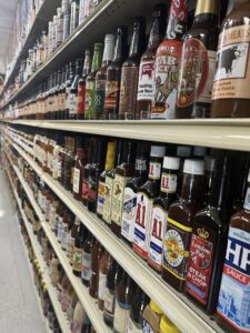 Shelves of hot sauces