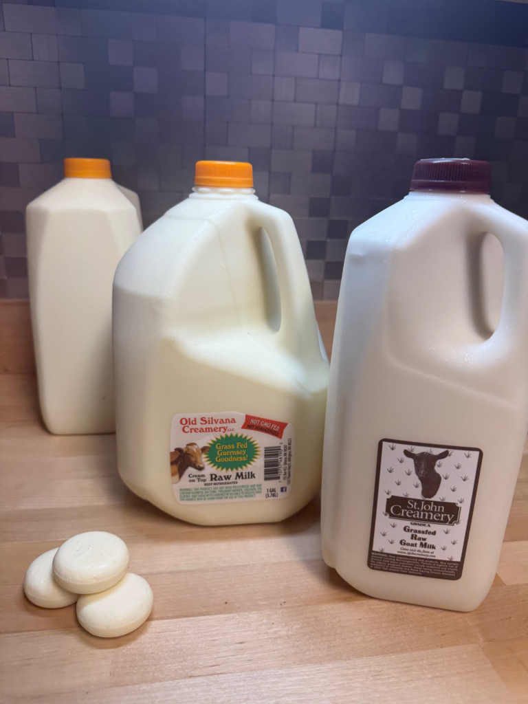 A half gallon and gallon of Old Silvana Creamery Raw Jersey Milk and a half gallon of St. John Creamery Raw Goat Milk