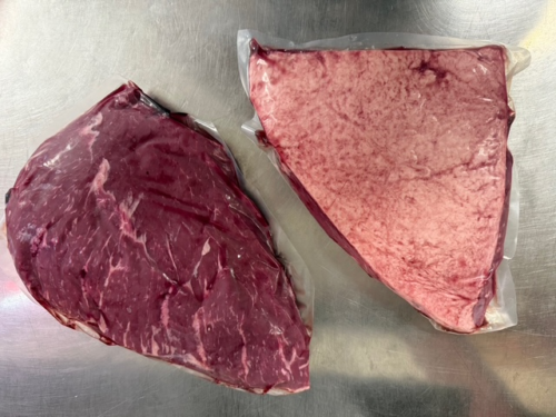 Two sides of a picanha, otherwise known as a coulotte or a sirloin cap
