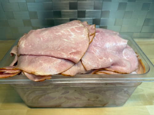 A bin of honey ham