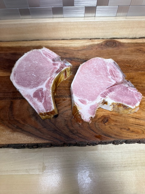 Two Smoked Pork Chops. A loin chop and a rib chop