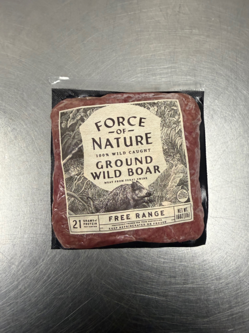 Force of Nature branded Ground wild boar. Frozen and vacuum sealed. 1 pound package.